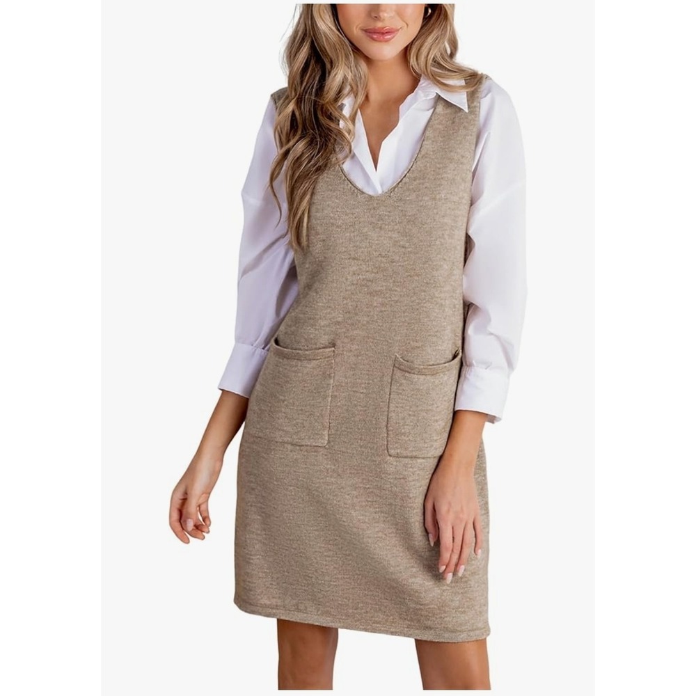Cupshe Women's Casual Fall Dress 2024 V Neck Sleeveless Knitted Short Pullover L